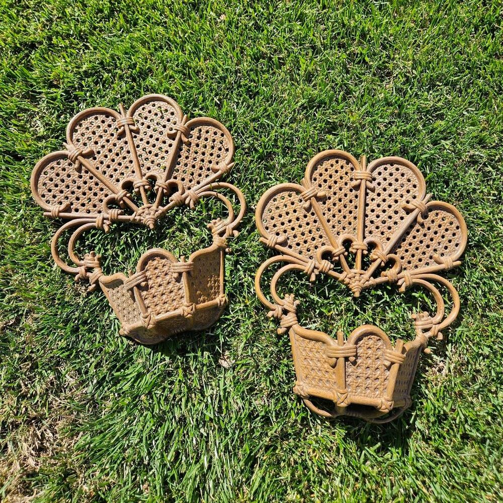 70s 80s boho cottagecore brown faux rattan plastic wall decor pockets planters
